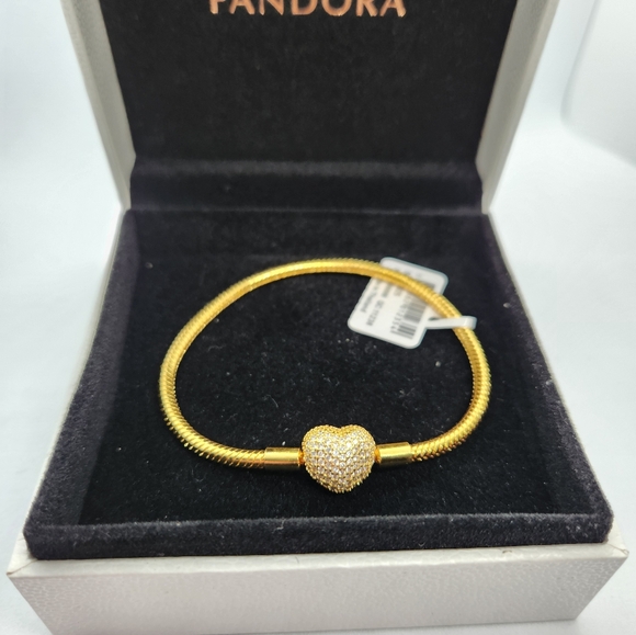 Pandora Moments 14k Golden Plated Sparkling Heart Claps Snake Chain Bracelet 7.1 - Picture 3 of 8